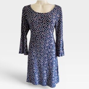 NWT Boden Miriam Dress Navy Blue Sz 8 8R Star Bird Print Jersey Bell 3/4 Sleeves